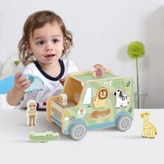 Tooky Toy | Dřevěná vkládačka | Zvířátka Safari auto 9 ks