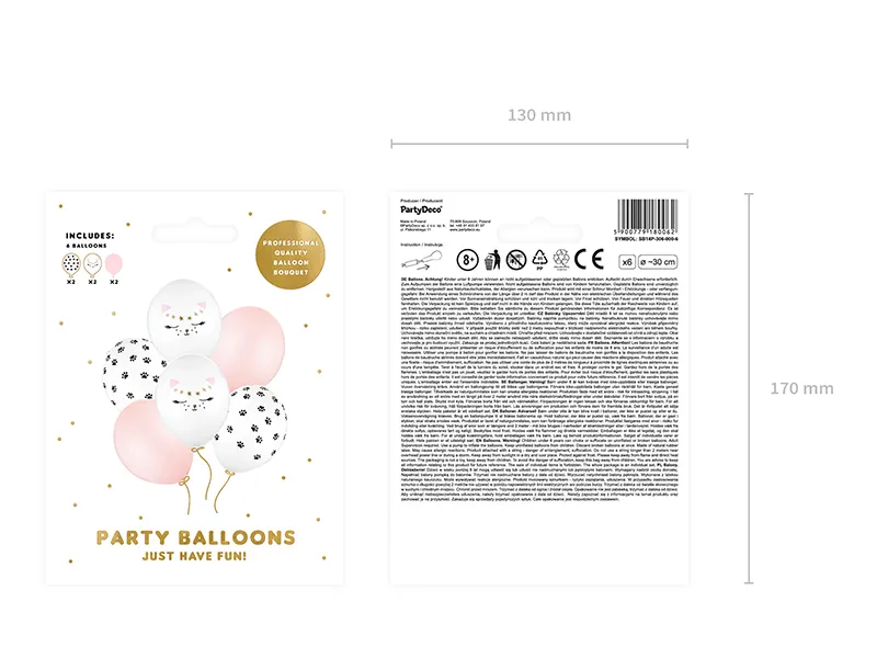 PARTYDECO Nafukovací balónky Kočka 30cm, mix 6ks