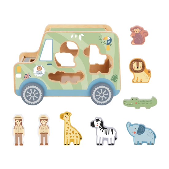 Tooky Toy | Dřevěná vkládačka | Zvířátka Safari auto 9 ks