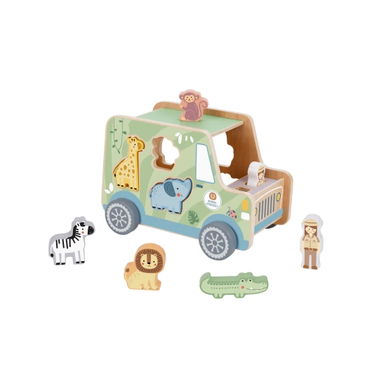 Tooky Toy | Dřevěná vkládačka | Zvířátka Safari auto 9 ks