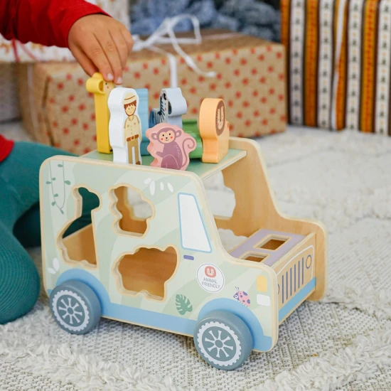 Tooky Toy | Dřevěná vkládačka | Zvířátka Safari auto 9 ks