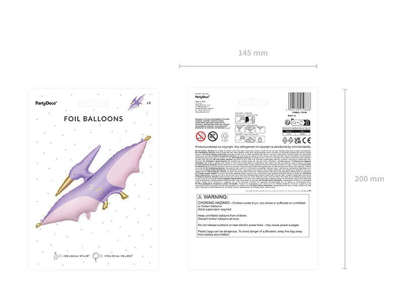 PARTYDECO | Nafukovací fóliový balón | Pterodactyl,120x62 cm